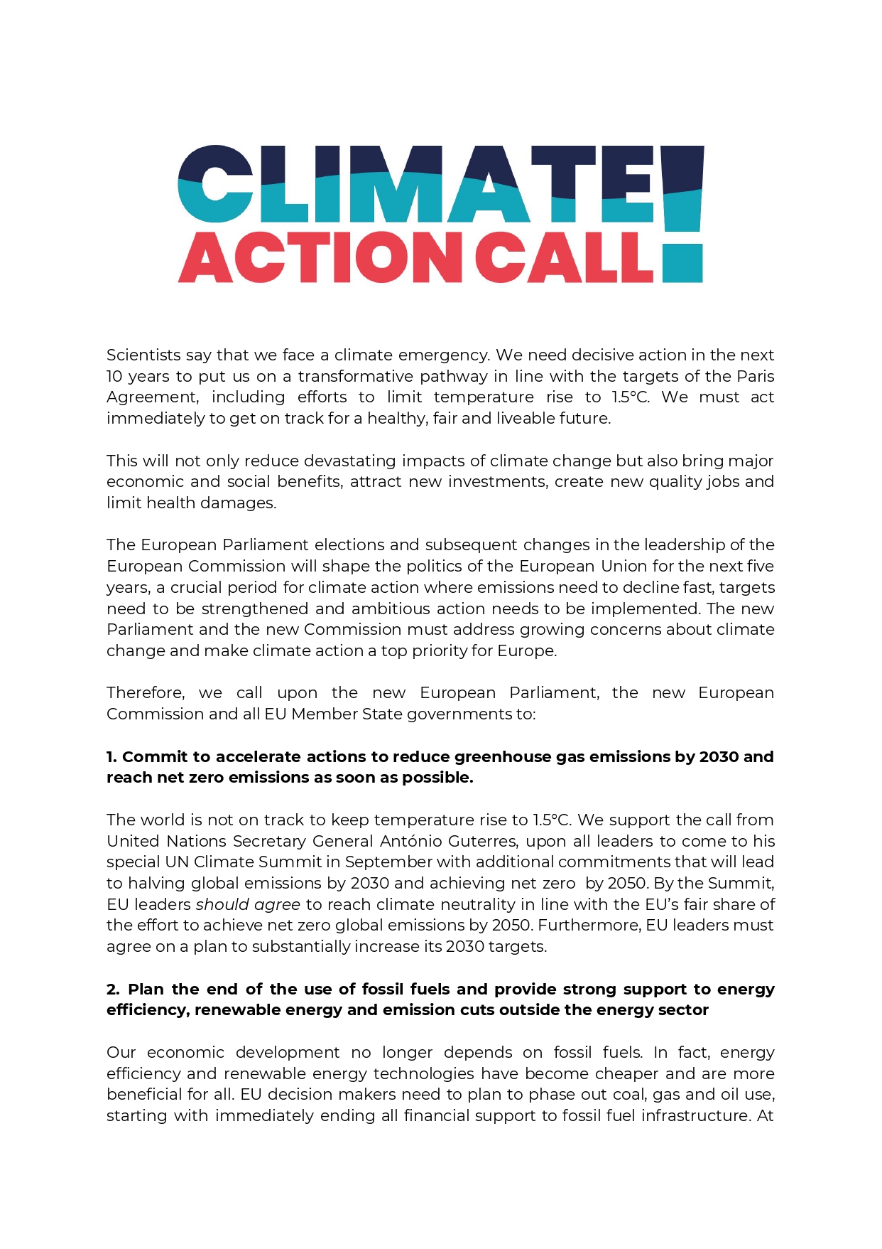 Climate Action Call ahead of EU Elections and new Commission