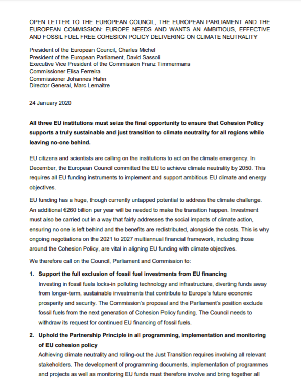 Open letter from the Coalition for Higher Ambition on Cohesion Policy