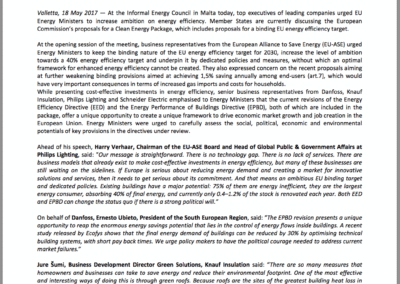 Top executives call on Energy Ministers to resist proposals lowering ambition in key revisions of energy efficiency directives
