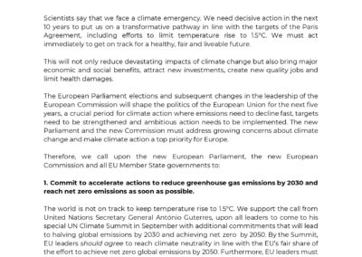 Climate Action Call ahead of EU Elections and new Commission